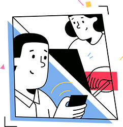 Colorful hand drawn illustration of a split screen with one person typing on a laptop and the other person receiving an audio response on their mobile device