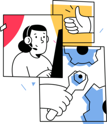 Colorful illustration of a person with a headset, a hand with a tool and gears, and a thumbs up